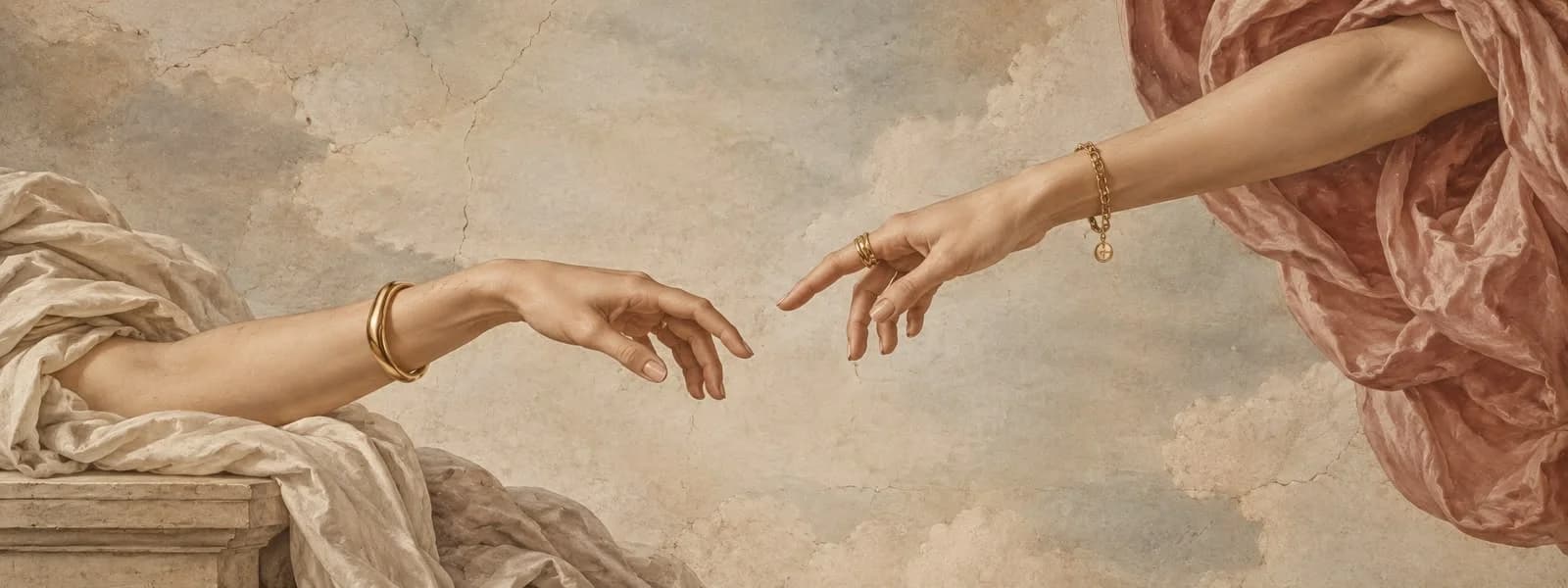 Dos manos acercándose al estilo de La creación de Adán, con joyería dorada